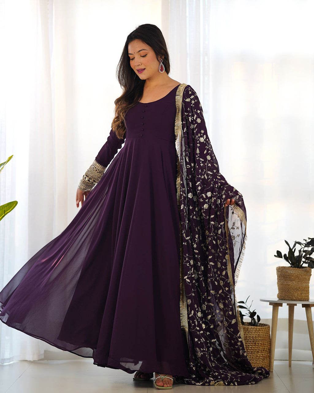 Lorenvalley Fashion Women Georgette Anarkali Gown Duppta Full Set With Pent Ready To Wear - Wine | Grocsy