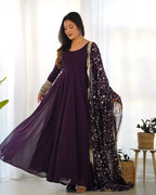 Lorenvalley Fashion Women Georgette Anarkali Gown Duppta Full Set With Pent Ready To Wear - Wine | Grocsy
