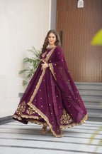 Evanik Wine Faux Blooming Georgette with Zari Thread & Sequins Embroidery Gown With Dupatta | Grocsy
