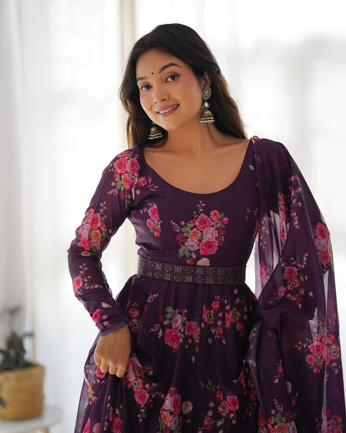 Lorenvalley Fashion Women Pure Soft Organza Silk Anarkali Kali Cut Gown With Pant Dupatta Set - Wine | Grocsy