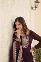 Evanik Wine Faux Blooming Gown with Dupatta With Attractive Embroidered Sequins work | Grocsy