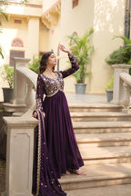 Evanik Wine Faux Blooming Gown With Dupatta With Sequins-Multi & Zari Embroidered Work | Grocsy