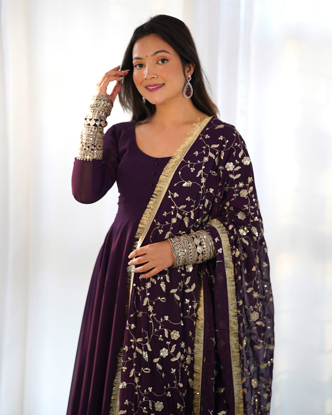 Lorenvalley Fashion Women Georgette Anarkali Gown Duppta Full Set With Pent Ready To Wear - Wine | Grocsy