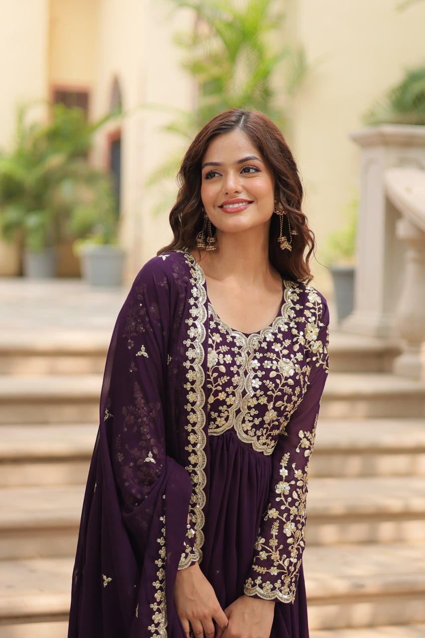 Evanik Wine Faux Blooming Gown With Dupatta With Sequins-Multi & Zari Embroidered Work | Grocsy