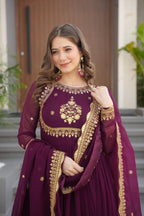 Evanik Wine Faux Blooming Georgette with Zari Thread & Sequins Embroidery Gown With Dupatta | Grocsy