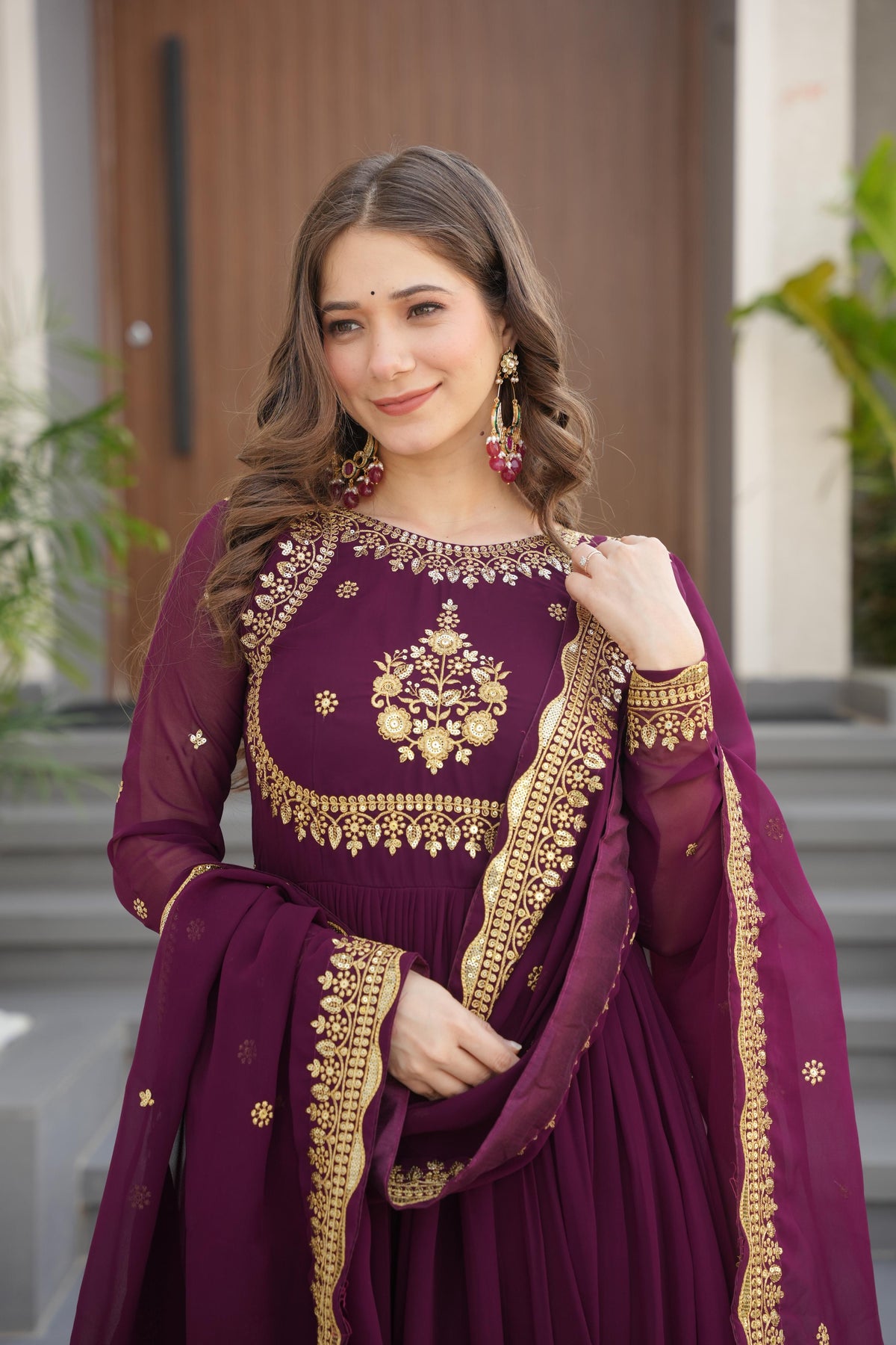 Evanik Wine Faux Blooming Georgette with Zari Thread & Sequins Embroidery Gown With Dupatta | Grocsy