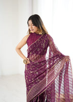 Lorenvalley Fashion Wine Solo Georgette Superb Finishing Foils Print & Fancy Zalar Lace in Border Saree with Blouse | Grocsy