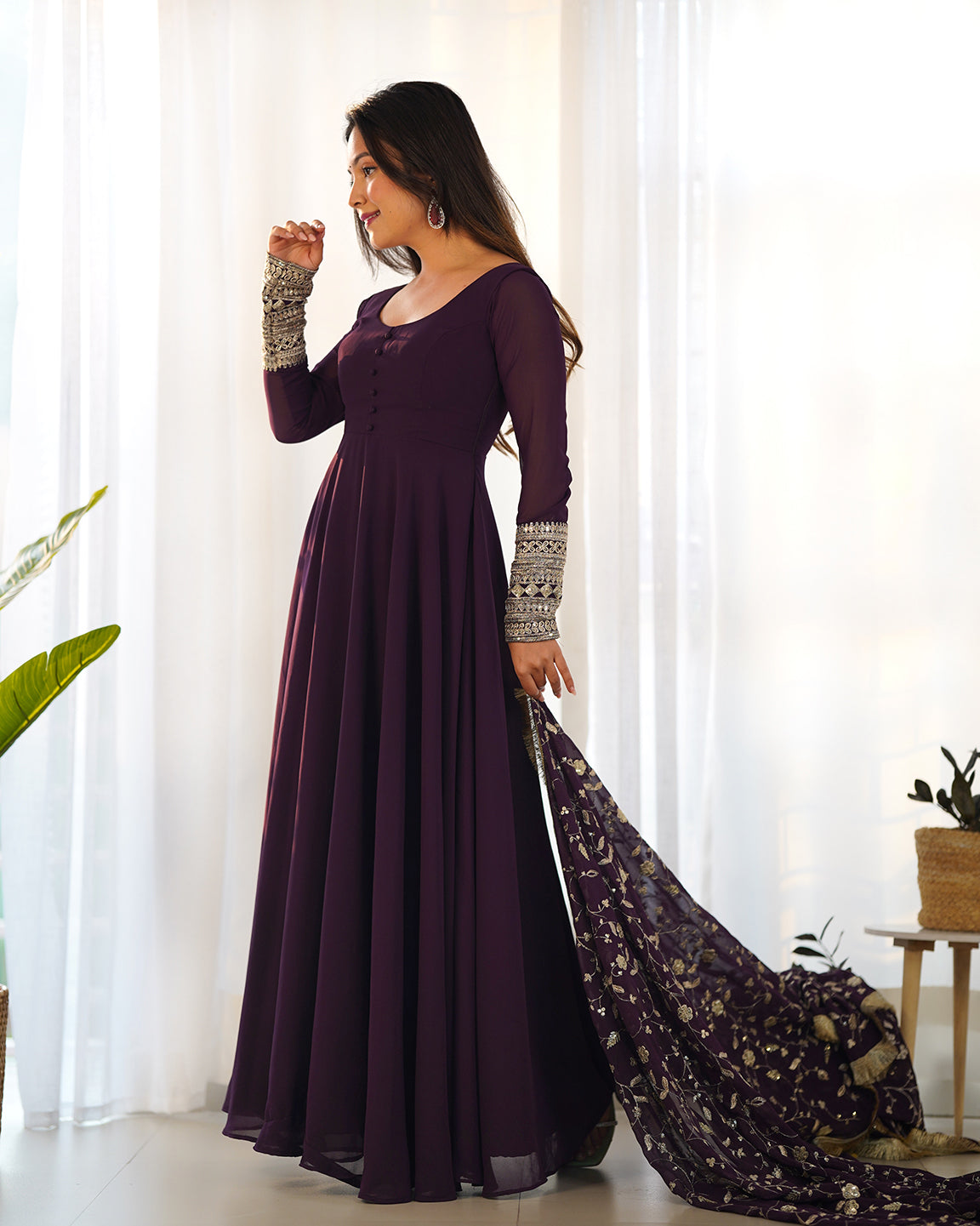 Lorenvalley Fashion Women Georgette Anarkali Gown Duppta Full Set With Pent Ready To Wear - Wine | Grocsy