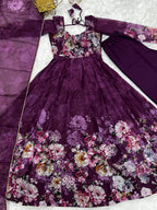 Lorenvalley Fashion Women Pure Soft Organza Silk Floral Print Fully Flair Anarkali With Pent Dupatta Set - Wine | Grocsy
