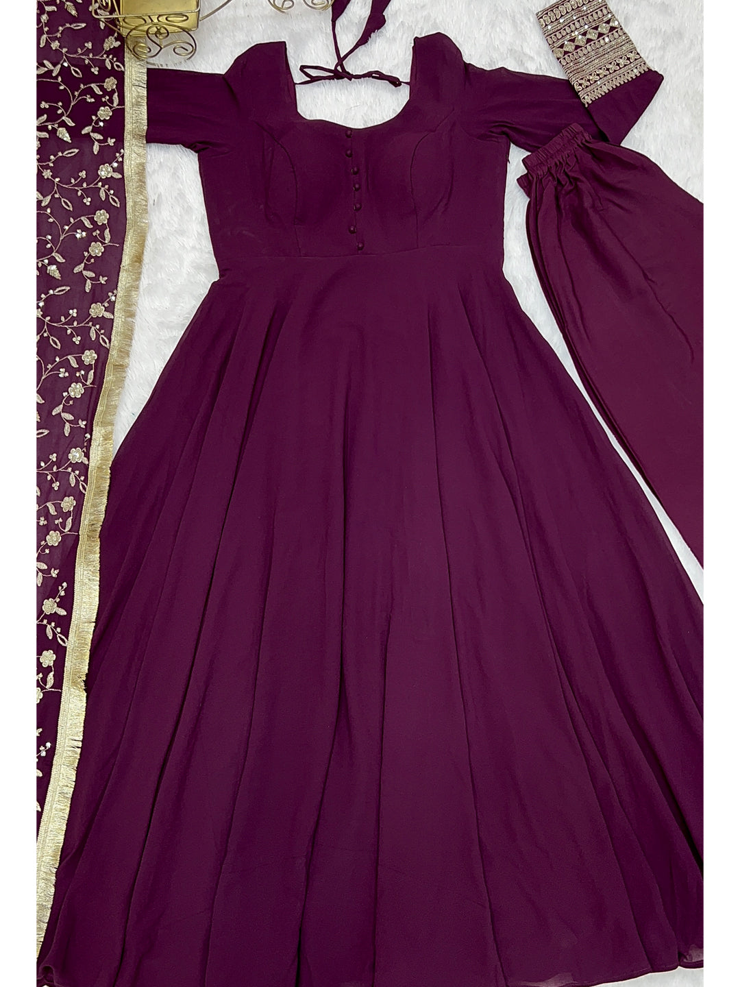 Lorenvalley Fashion Women Georgette Anarkali Gown Duppta Full Set With Pent Ready To Wear - Wine | Grocsy