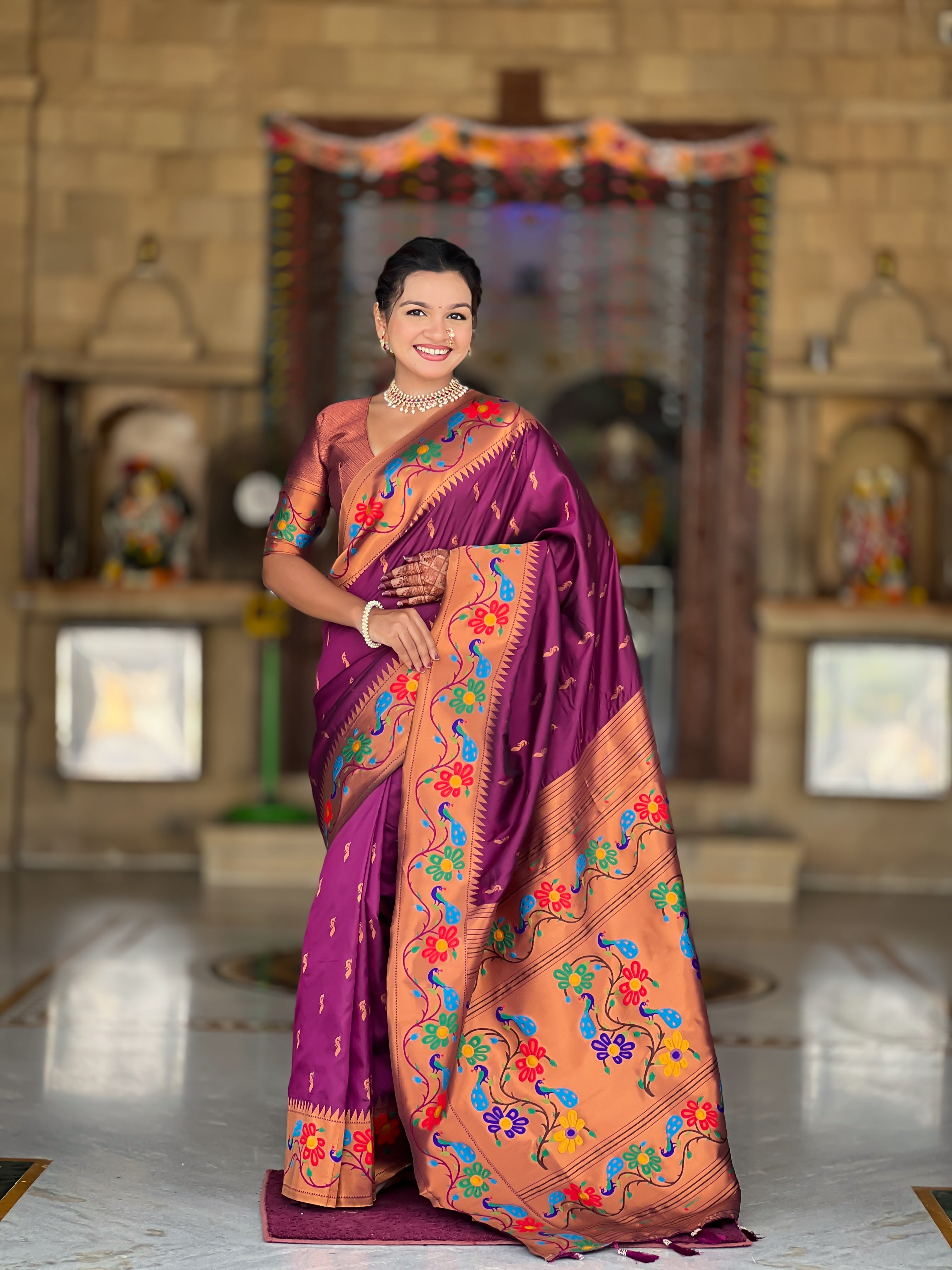 Mameraa Sarees Wine Faux Banarasi Silk Saree With Paithani Rich Weaved Pallu And Blouse-Wine | Grocsy