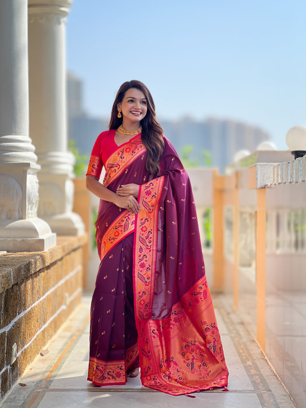 Mameraa Sarees Wine Faux Banarasi Silk Saree With Paithani Rich Weaved Pallu And Blouse-Wine | Grocsy