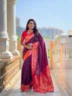Mameraa Sarees Wine Faux Banarasi Silk Saree With Paithani Rich Weaved Pallu And Blouse-Wine | Grocsy