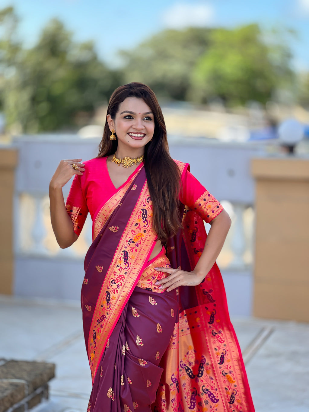 Mameraa Sarees Wine Faux Banarasi Silk Saree With Paithani Rich Weaved Pallu And Blouse-Wine | Grocsy