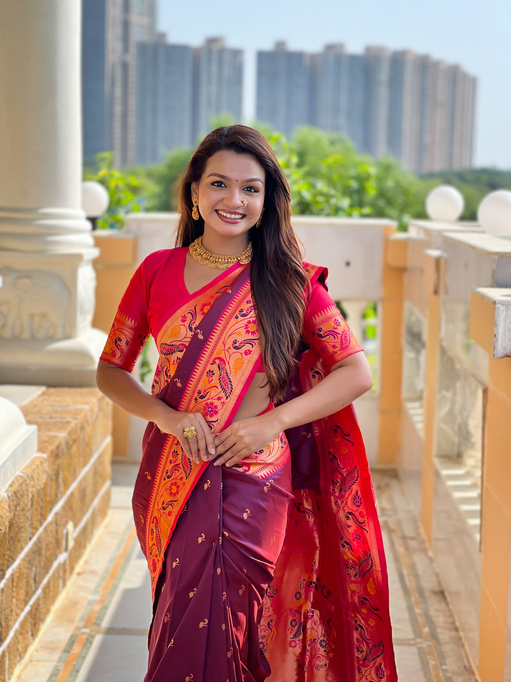 Mameraa Sarees Wine Faux Banarasi Silk Saree With Paithani Rich Weaved Pallu And Blouse-Wine | Grocsy