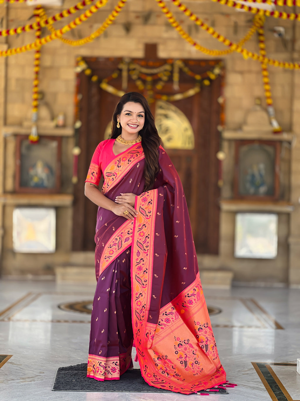 Mameraa Sarees Wine Faux Banarasi Silk Saree With Paithani Rich Weaved Pallu And Blouse-Wine | Grocsy