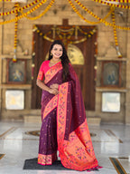 Mameraa Sarees Wine Faux Banarasi Silk Saree With Paithani Rich Weaved Pallu And Blouse-Wine | Grocsy