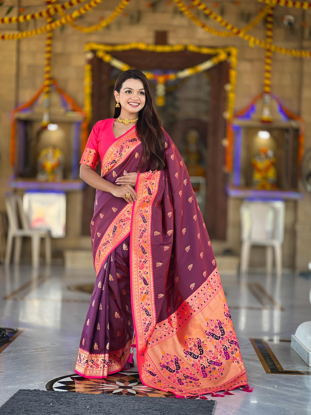 Mameraa Sarees Wine Faux Banarasi Silk Saree With Paithani Rich Weaved Pallu And Blouse-Wine | Grocsy