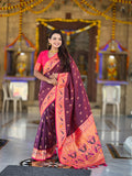Mameraa Sarees Wine Faux Banarasi Silk Saree With Paithani Rich Weaved Pallu And Blouse-Wine | Grocsy