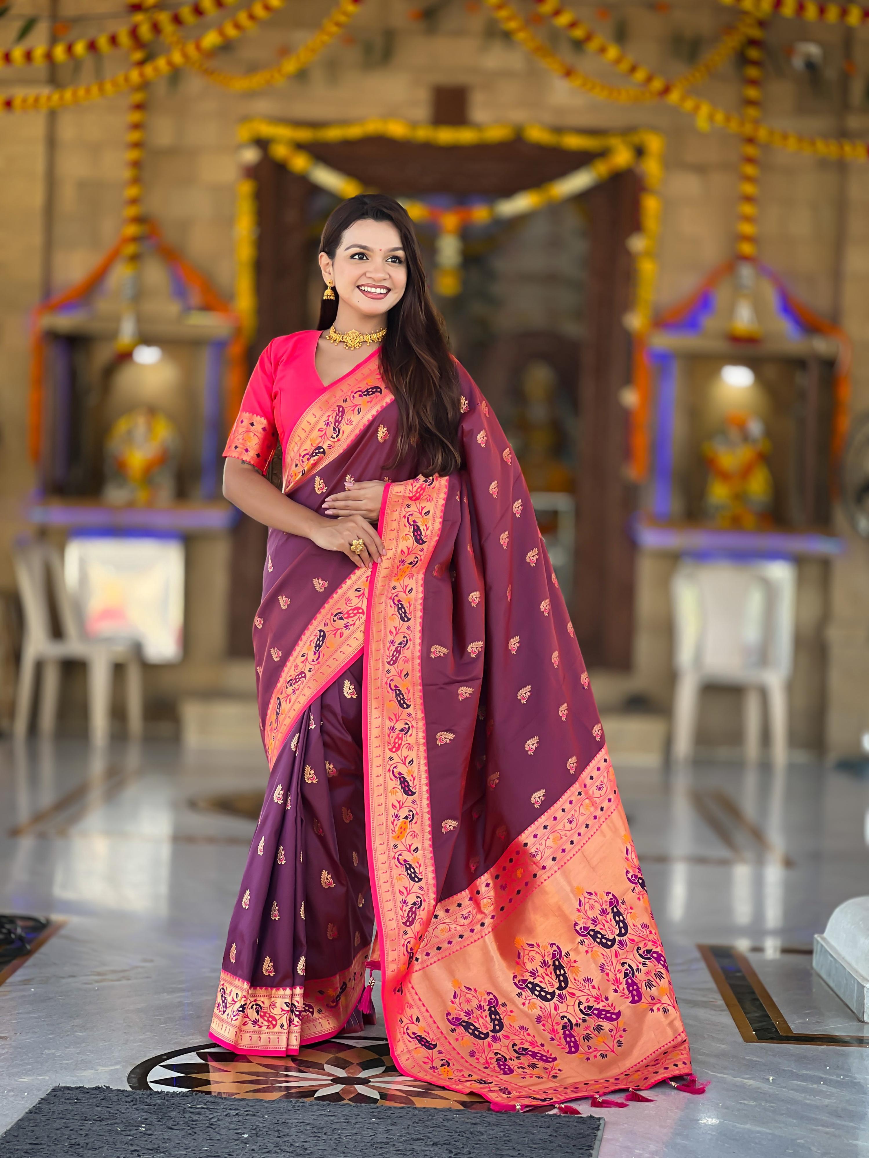 Mameraa Sarees Wine Faux Banarasi Silk Saree With Paithani Rich Weaved Pallu And Blouse-Wine | Grocsy