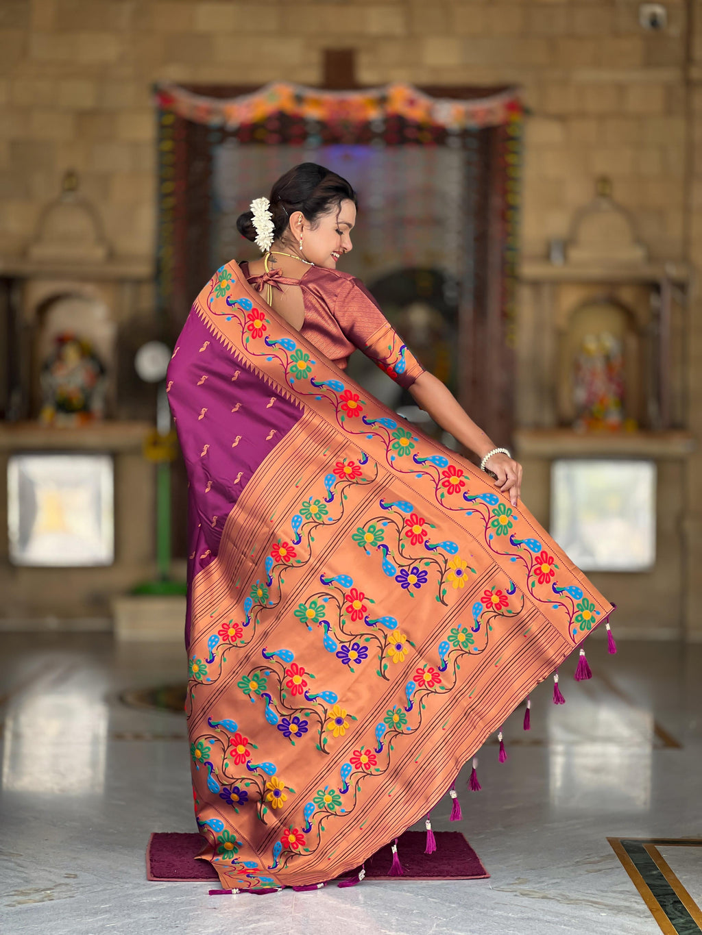 Mameraa Sarees Wine Faux Banarasi Silk Saree With Paithani Rich Weaved Pallu And Blouse-Wine | Grocsy