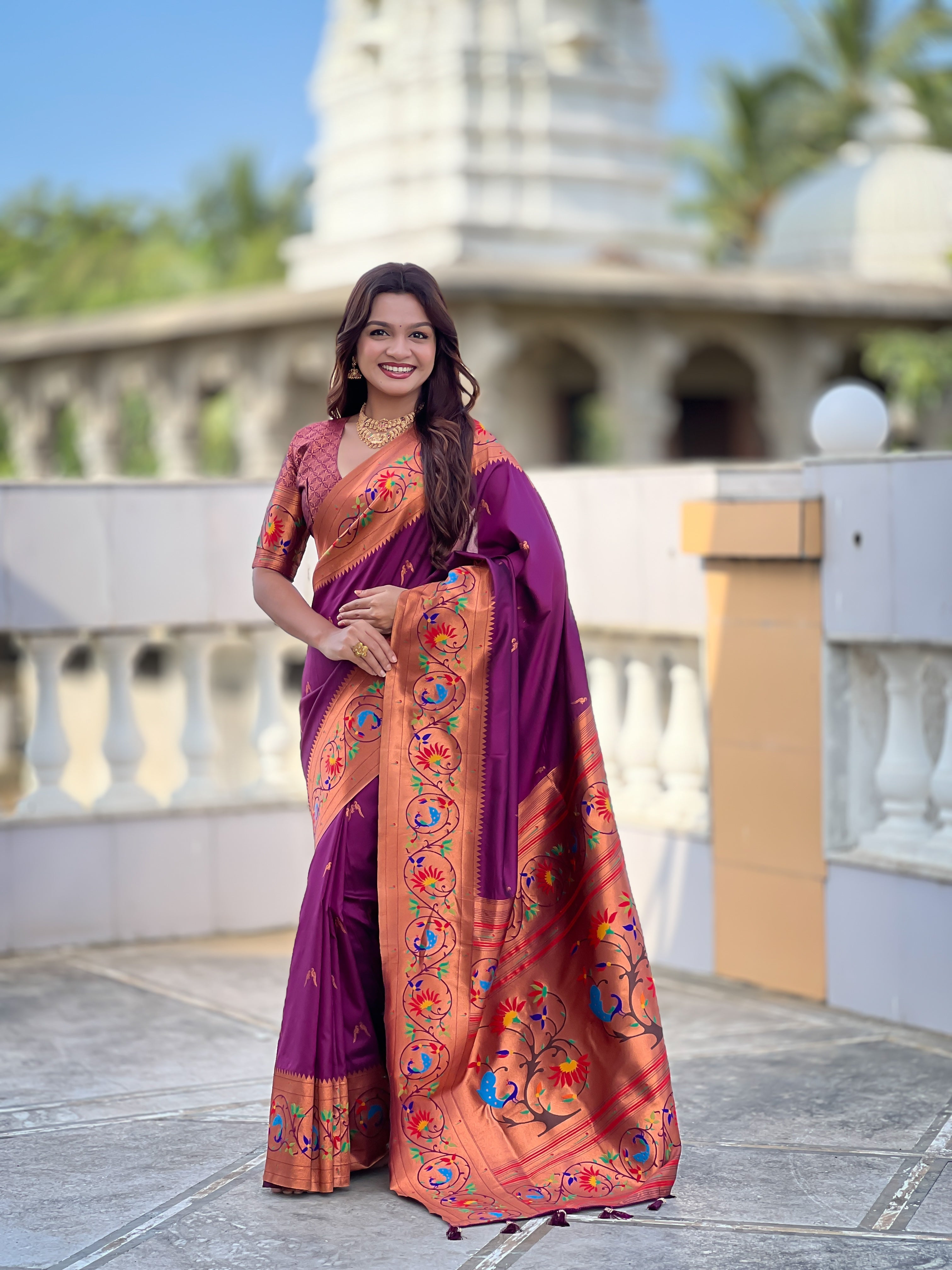 Mameraa Sarees Wine Faux Banarasi Silk Saree With Paithani Rich Weaved Pallu And Blouse-Wine | Grocsy