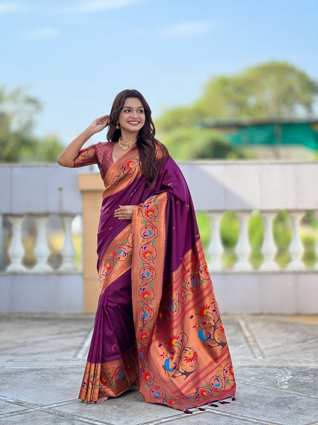 Mameraa Sarees Wine Faux Banarasi Silk Saree With Paithani Rich Weaved Pallu And Blouse-Wine | Grocsy