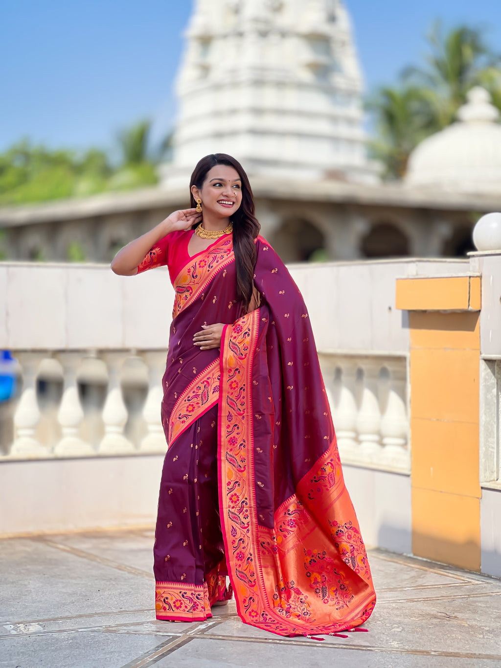 Mameraa Sarees Wine Faux Banarasi Silk Saree With Paithani Rich Weaved Pallu And Blouse-Wine | Grocsy