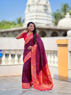 Mameraa Sarees Wine Faux Banarasi Silk Saree With Paithani Rich Weaved Pallu And Blouse-Wine | Grocsy