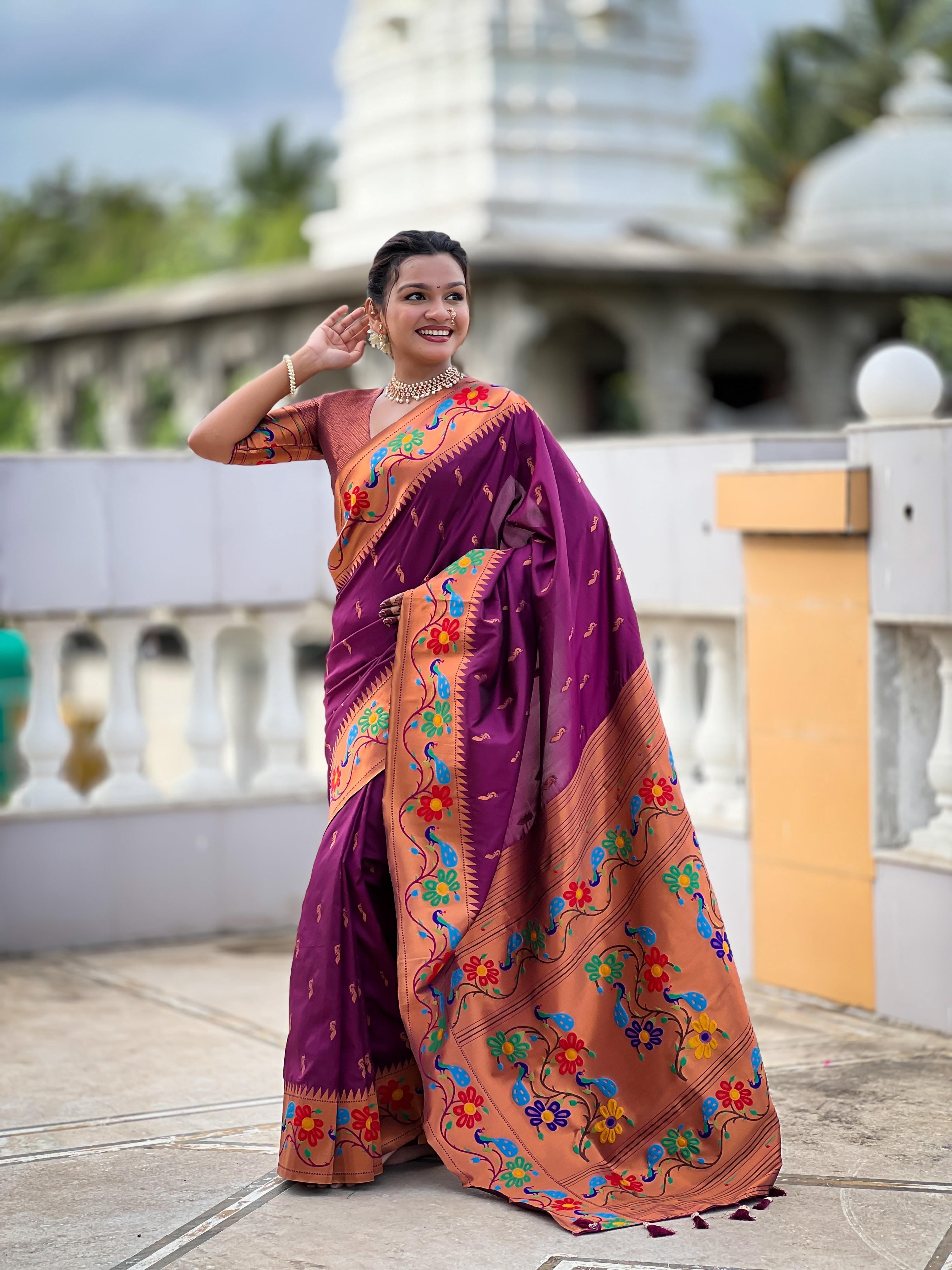 Mameraa Sarees Wine Faux Banarasi Silk Saree With Paithani Rich Weaved Pallu And Blouse-Wine | Grocsy