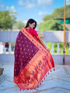 Mameraa Sarees Wine Faux Banarasi Silk Saree With Paithani Rich Weaved Pallu And Blouse-Wine | Grocsy