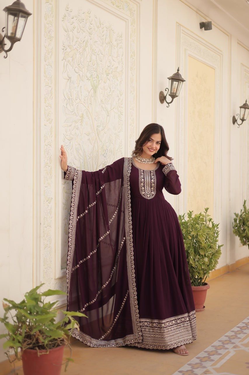 Evanik Wine Faux Blooming Gown with Dupatta With Attractive Embroidered Sequins work | Grocsy