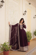 Evanik Wine Faux Blooming Gown with Dupatta With Attractive Embroidered Sequins work | Grocsy