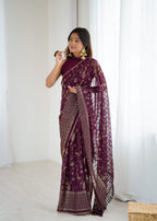 Lorenvalley Fashion Wine Solo Georgette Superb Finishing Foils Print & Fancy Zalar Lace in Border Saree with Blouse | Grocsy