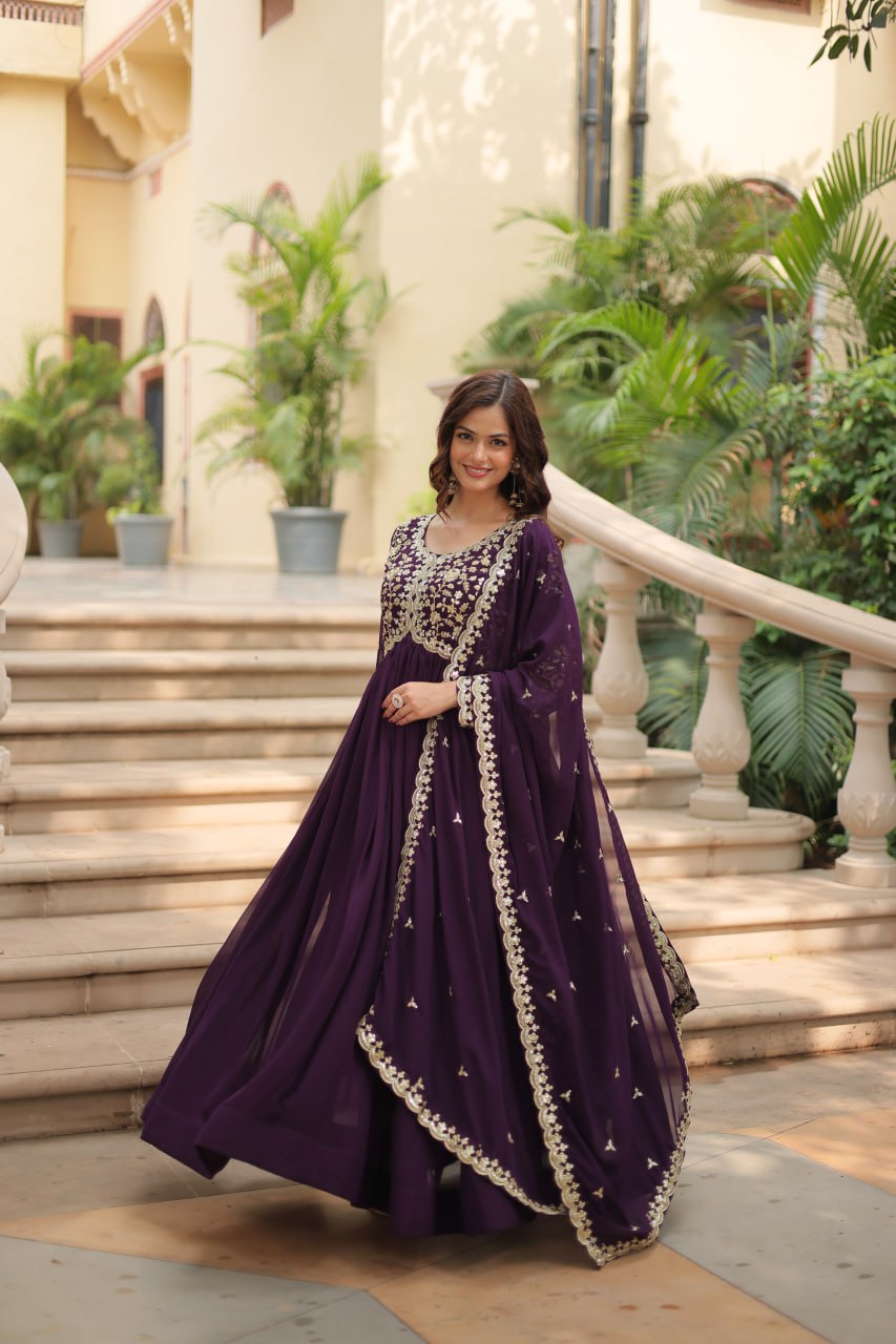 Evanik Wine Faux Blooming Gown With Dupatta With Sequins-Multi & Zari Embroidered Work | Grocsy