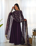 Lorenvalley Fashion Women Georgette Anarkali Gown Duppta Full Set With Pent Ready To Wear - Wine | Grocsy