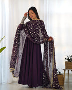 Lorenvalley Fashion Women Georgette Anarkali Gown Duppta Full Set With Pent Ready To Wear - Wine | Grocsy