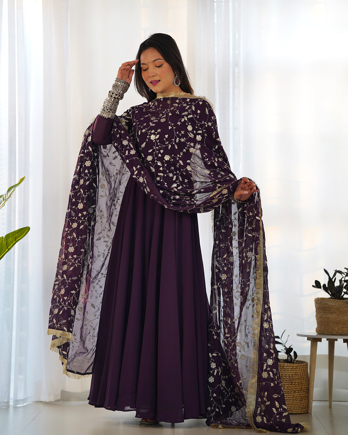 Lorenvalley Fashion Women Georgette Anarkali Gown Duppta Full Set With Pent Ready To Wear - Wine | Grocsy