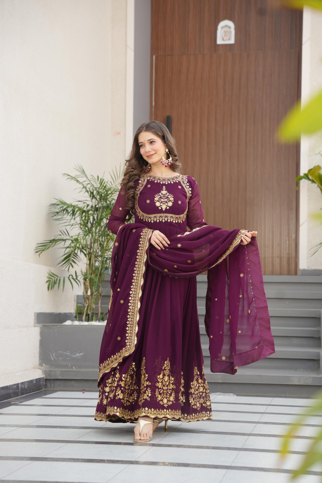 Evanik Wine Faux Blooming Georgette with Zari Thread & Sequins Embroidery Gown With Dupatta | Grocsy