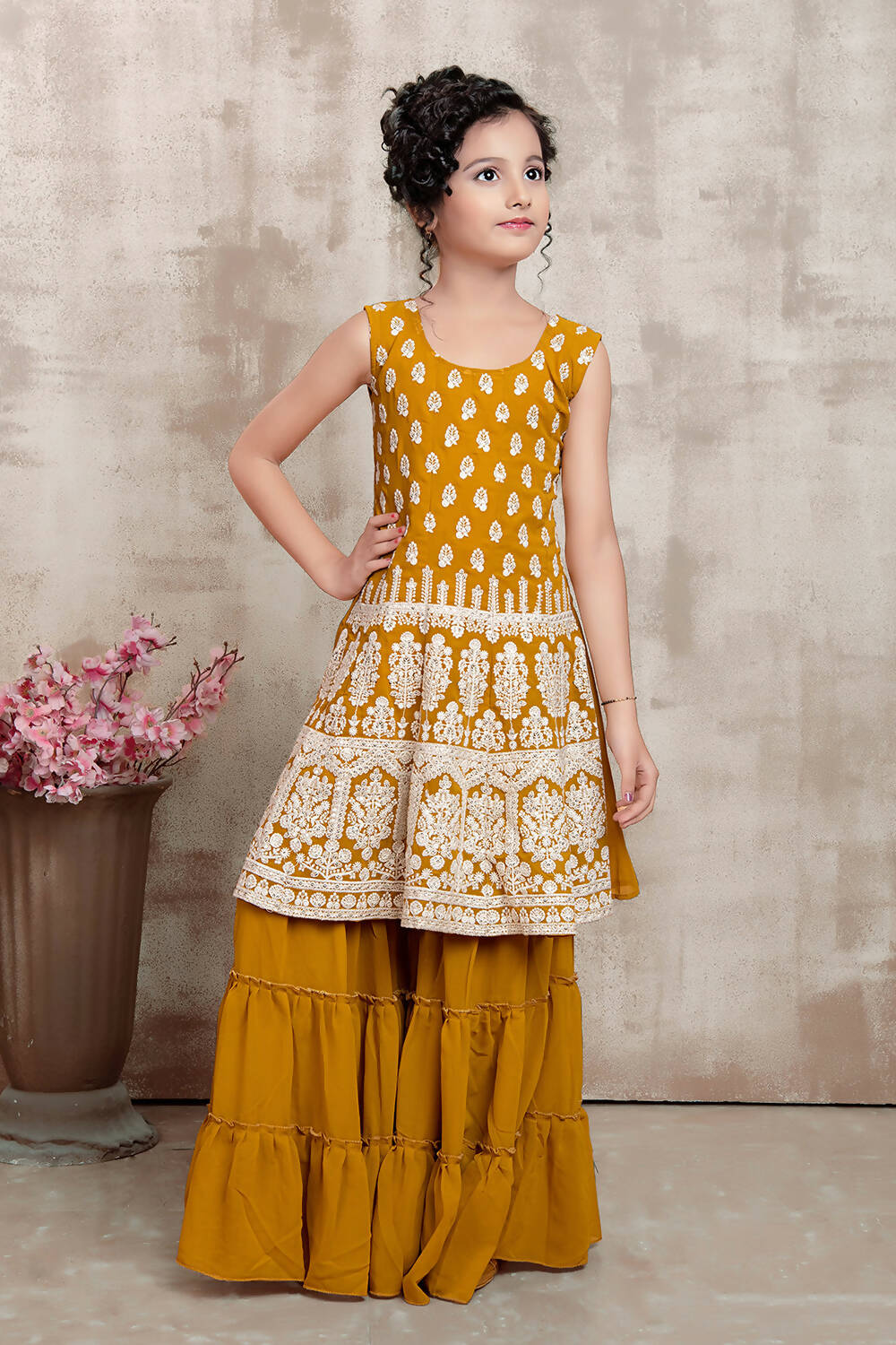Kids Wedding Designer Yellow Faux Georgette Fabric Sharara Suit - Aaradhna | Grocsy