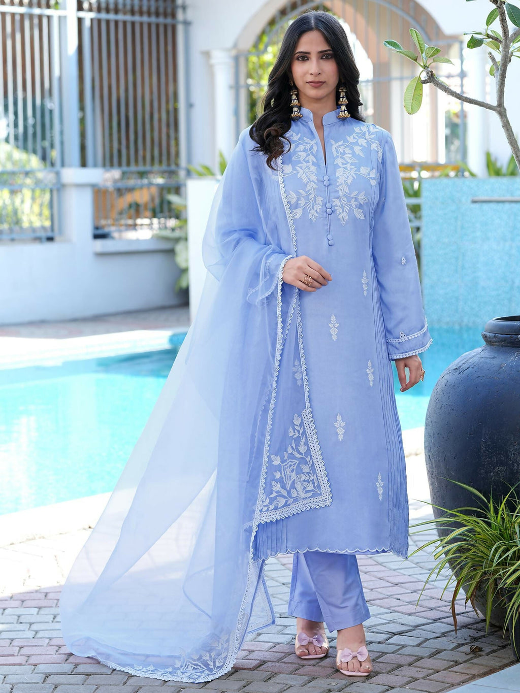 Nikhaar Light Purple Embroidered Modal Silk Stitched Straight Cut Kurta Pants Dupatta Readymade Suit | Grocsy