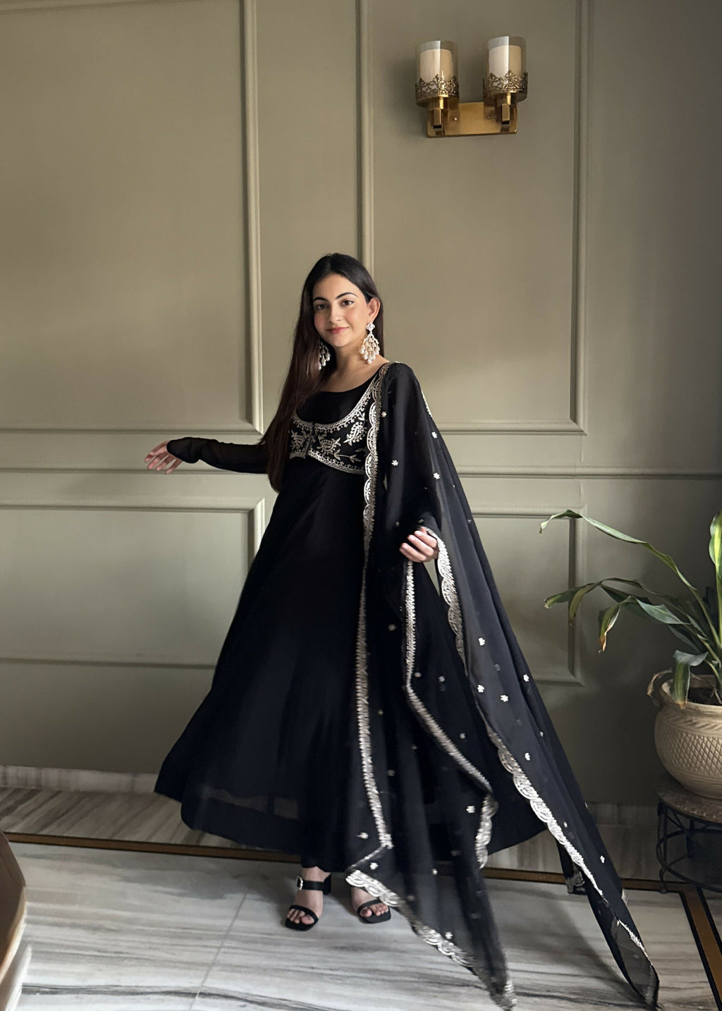 Lehenga Mart Designer Anarkali Suit With Kurta, Pant, Dupatta For Women-Black | Grocsy