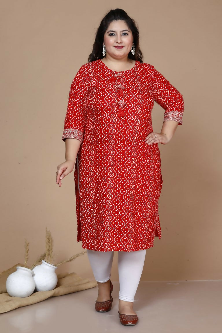 Miravan Women's Plus Size Festive Wear Red Bandhani Printed Straight Kurta | Grocsy