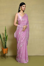 Pink Crepe Silk Sequence Embroidered with Stone work Saree - Nimaya Benzy | Grocsy