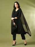 Myshka Women's Black Embroidered Cotton A-Line Party Kurta Set With Dupatta | Grocsy