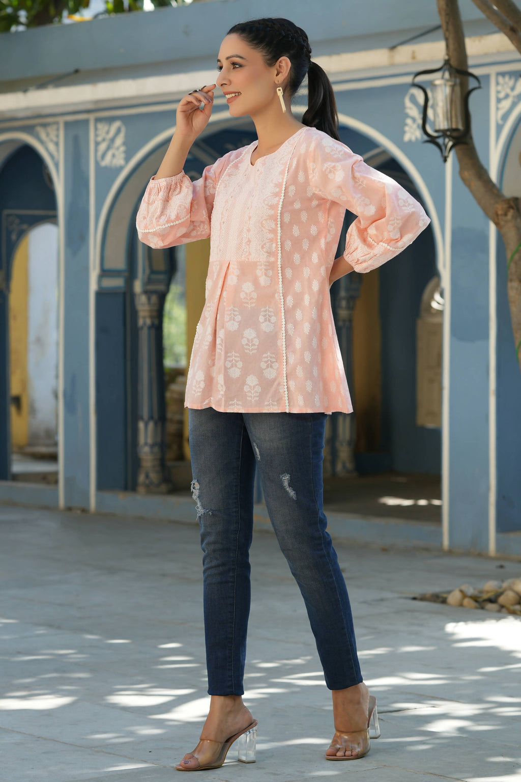 Juniper Women's Peach Cambric Placement Floral Printed Tunic | Grocsy