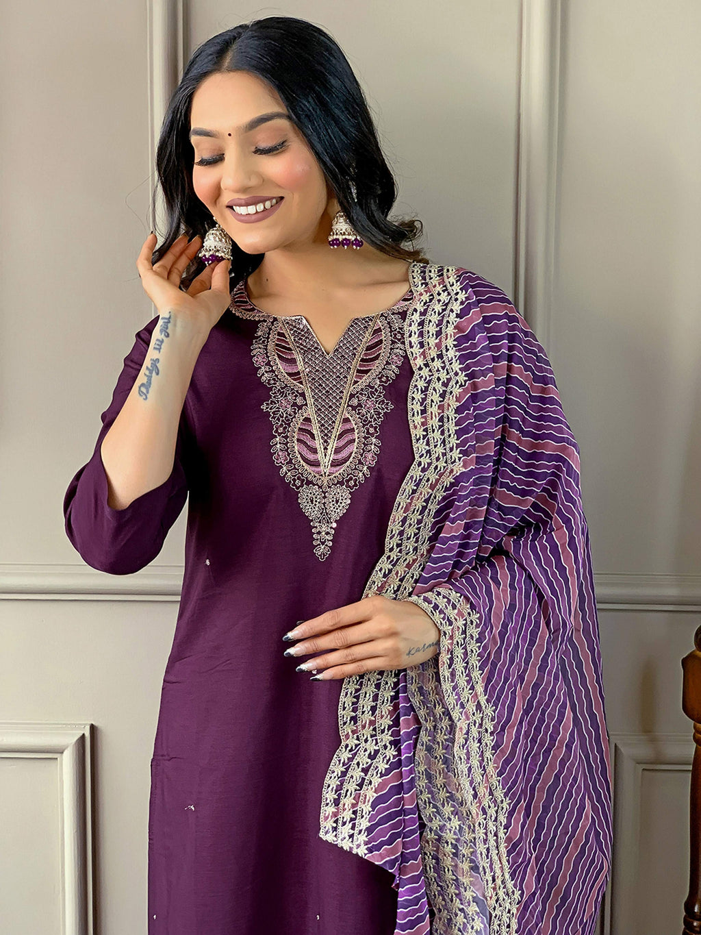 Partywear Designer Viscose Silk Wine Stitched Suit With Dupatta - Tanisha | Grocsy