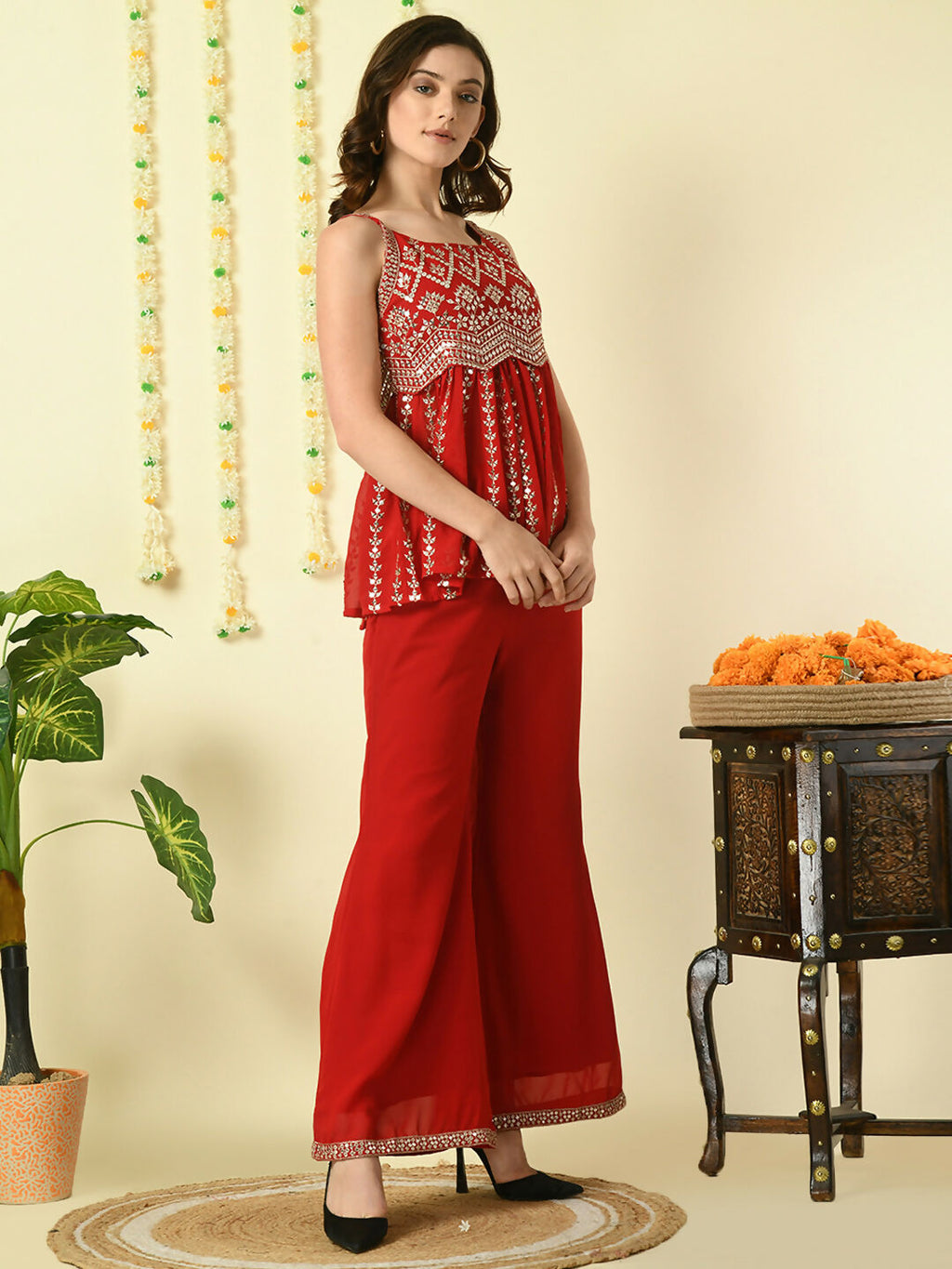 Myshka Women's Red Georgette Top With Palazzos Party Sets | Grocsy