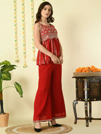 Myshka Women's Red Georgette Top With Palazzos Party Sets | Grocsy
