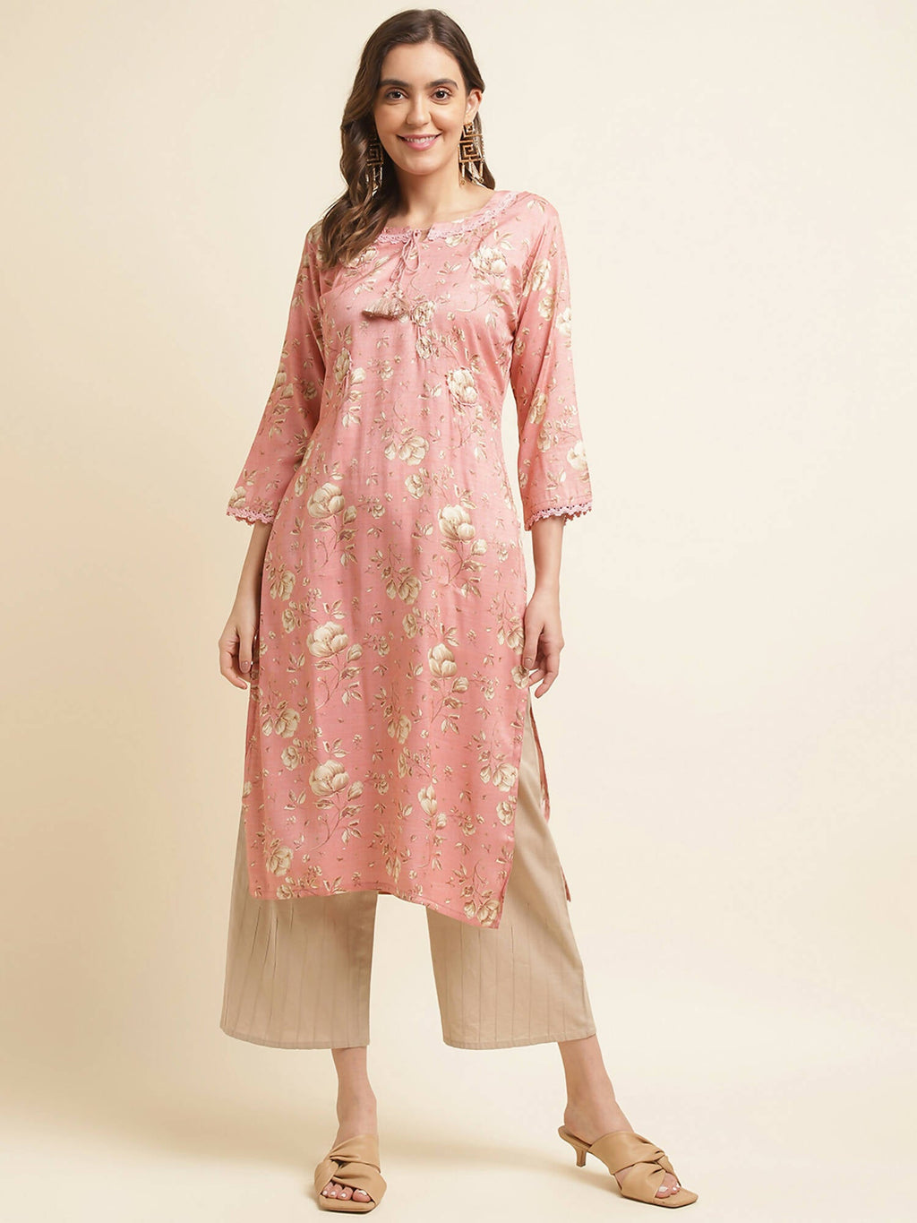 Pink Poly Rayon Floral Printed Straight Kurta - Prasuti | Grocsy
